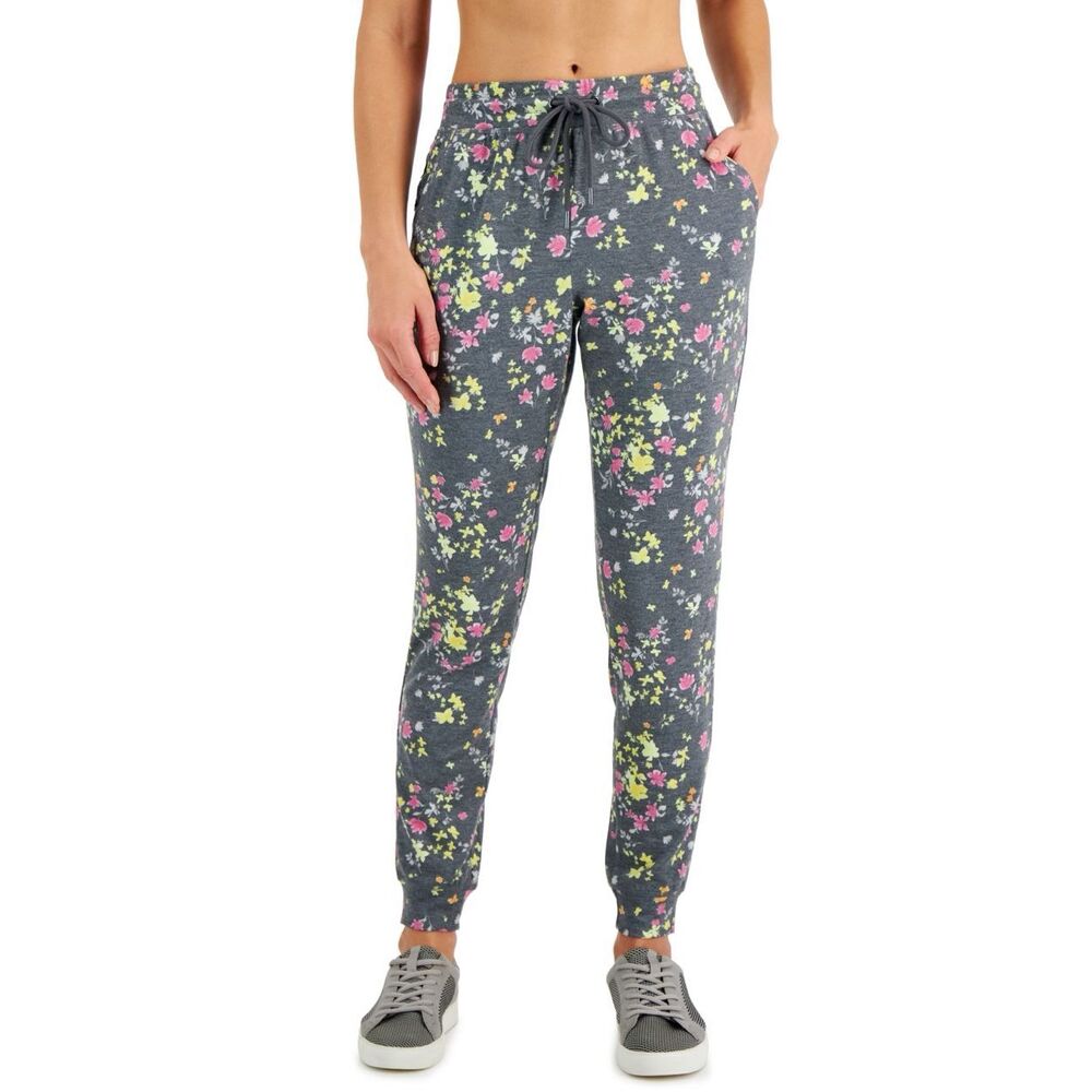 ID Ideology Women S Floral Print Pansy Slim Fit Jogging Pants Grey Size L